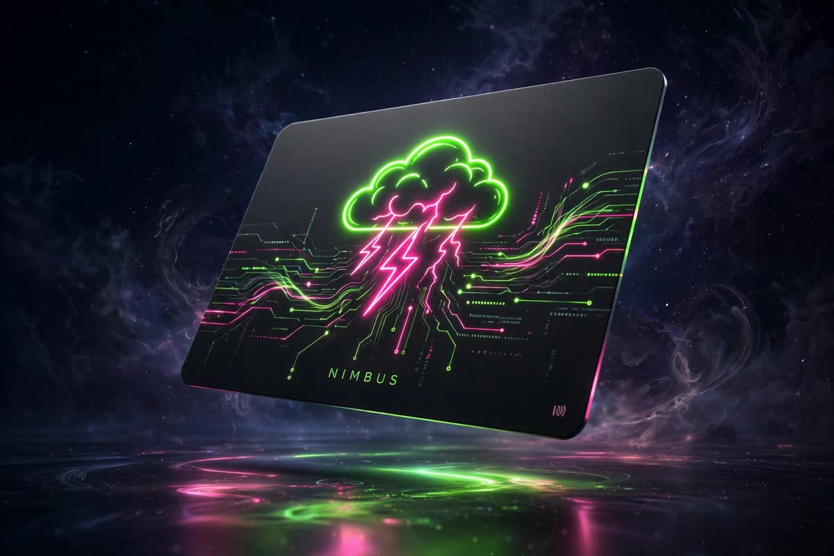 Nimbus NFC smart card floating over a cosmic neon cloud with pink lightning